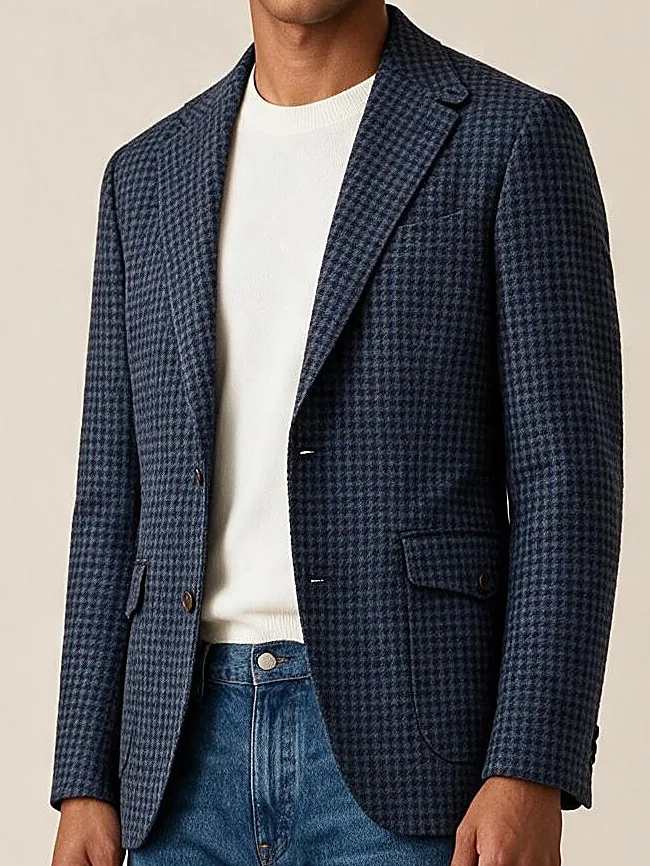Dark Navy Houndstooth Blazer, collar detail