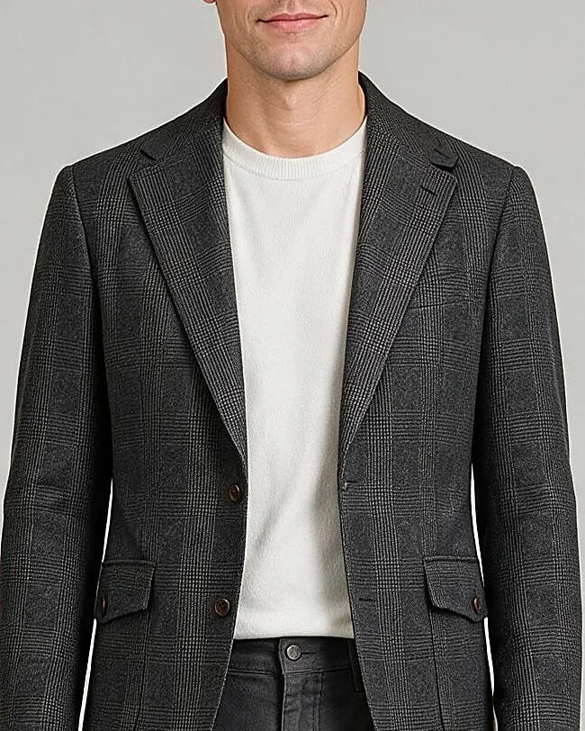 Charcoal Grey Prince of Wales Blazer in English Wool, collar detail