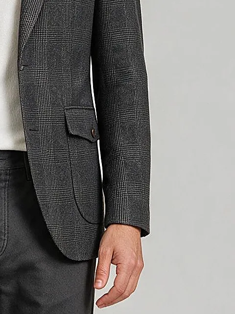 Charcoal Grey Prince of Wales Blazer in English Wool, pocket detail