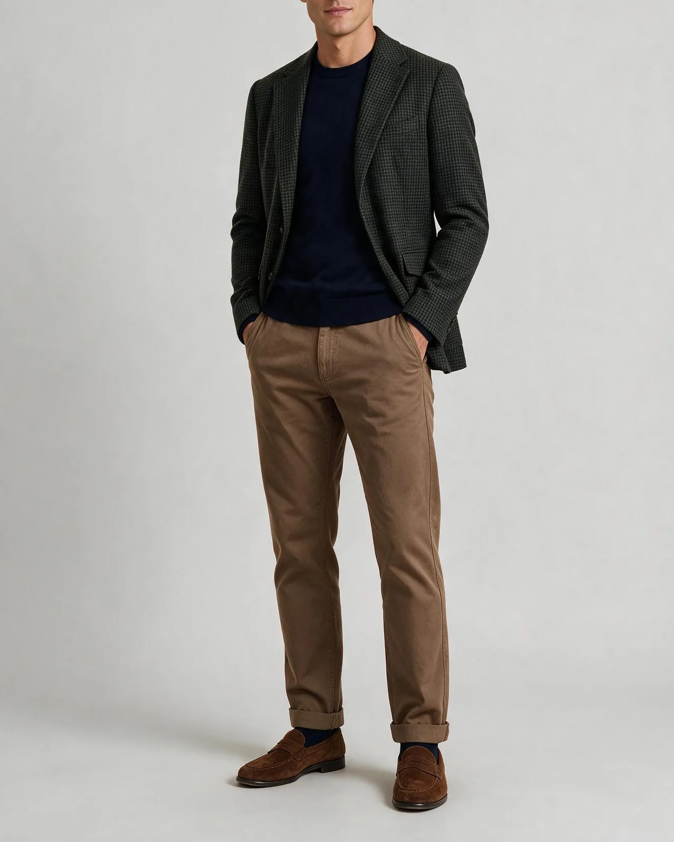 Mørk oliven houndstooth blazer, på model