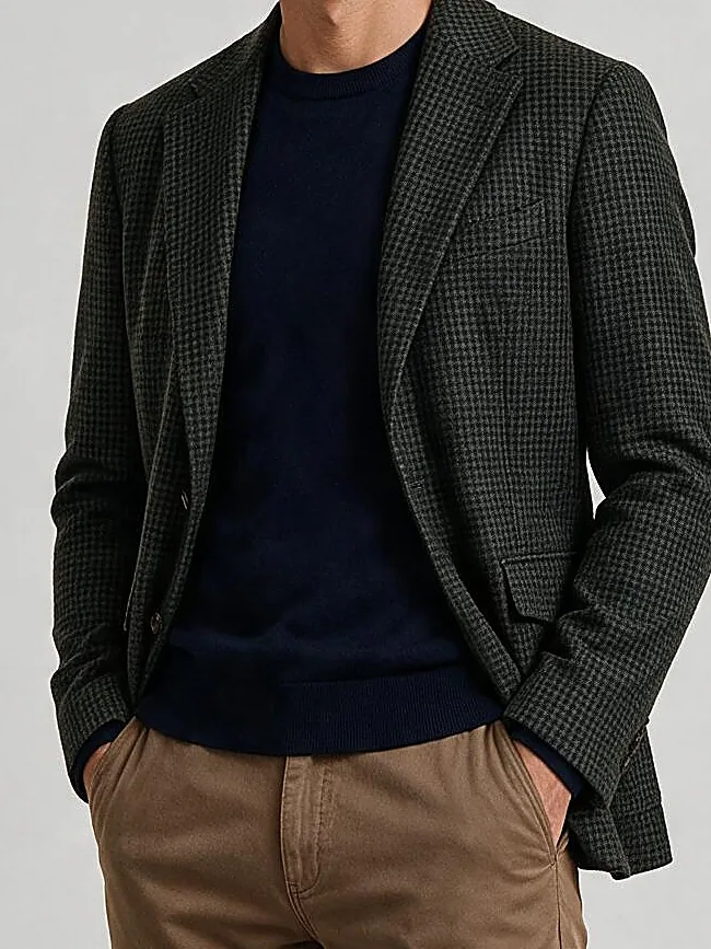 Mørk oliven houndstooth blazer, detalje af kraven