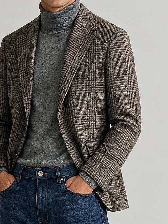 Taupe Prince of Wales blazer, detalje af kraven
