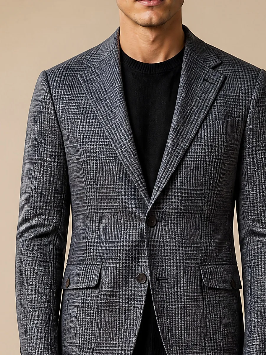 Dark Grey Prince of Wales Blazer, collar detail