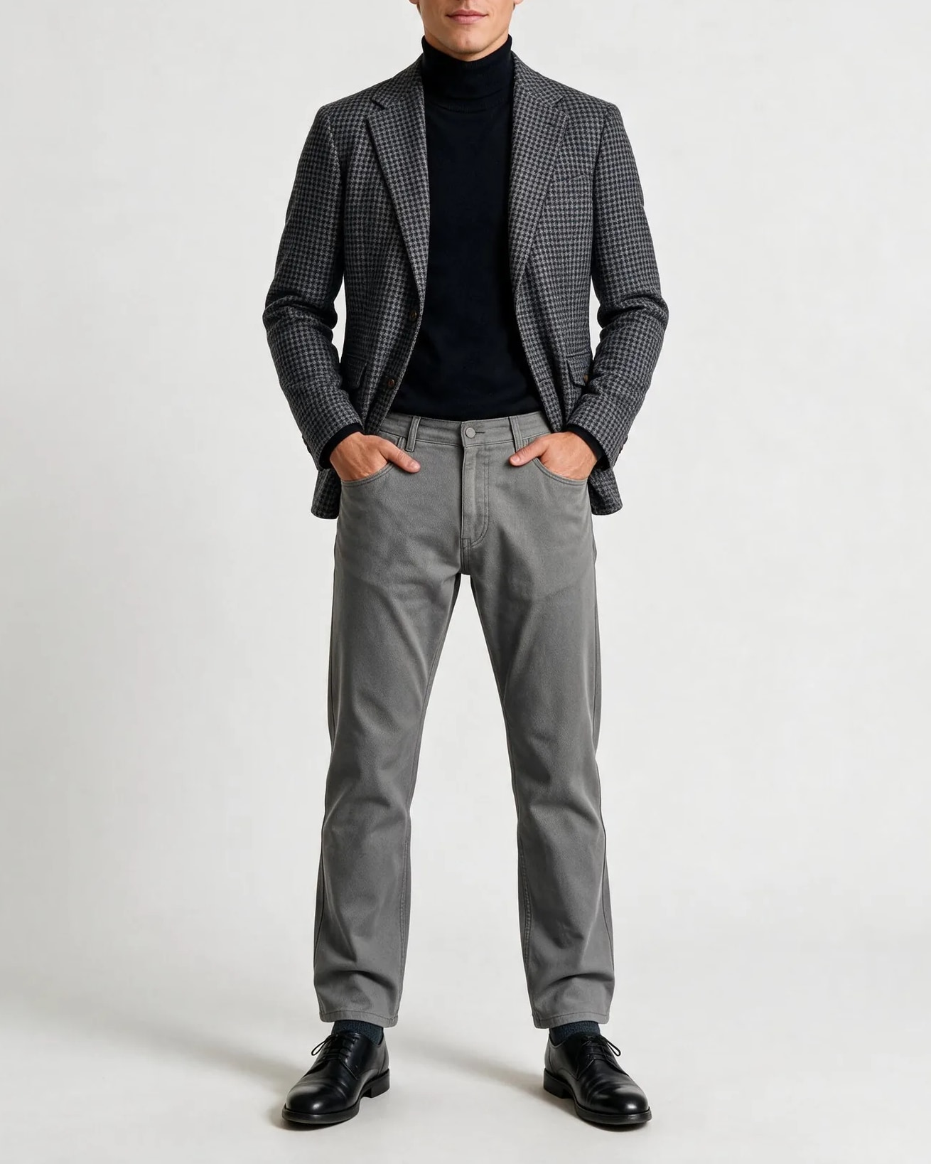 Grey Houndstooth Blazer in Alpaca and Merino wool, on model