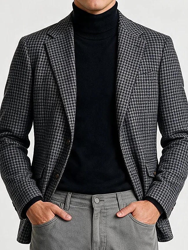 Grey Houndstooth Blazer in Alpaca and Merino wool, collar detail