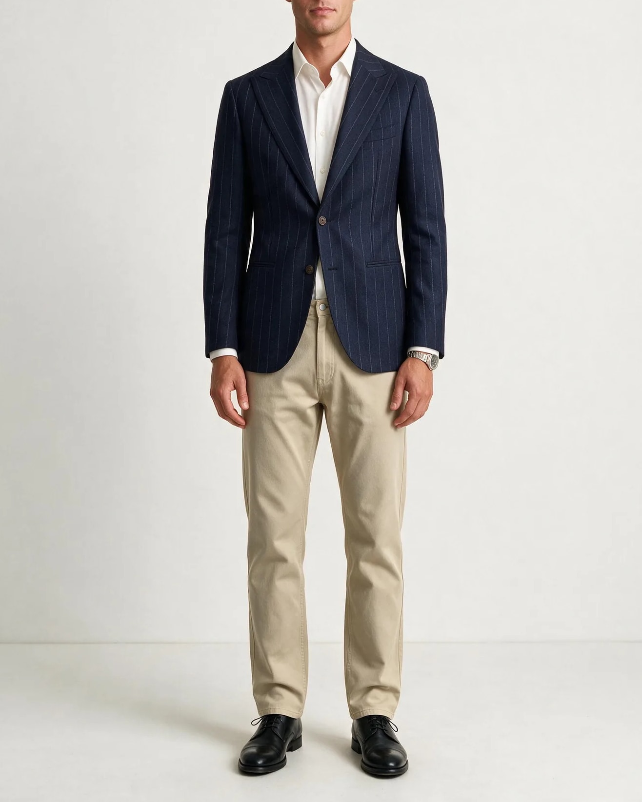 Dark Navy Pinstripe Jacket, on model