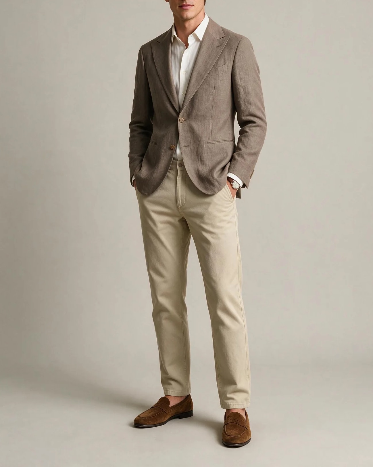 Taupe blazer i uld, silke og hør, Taupe jakke, på model