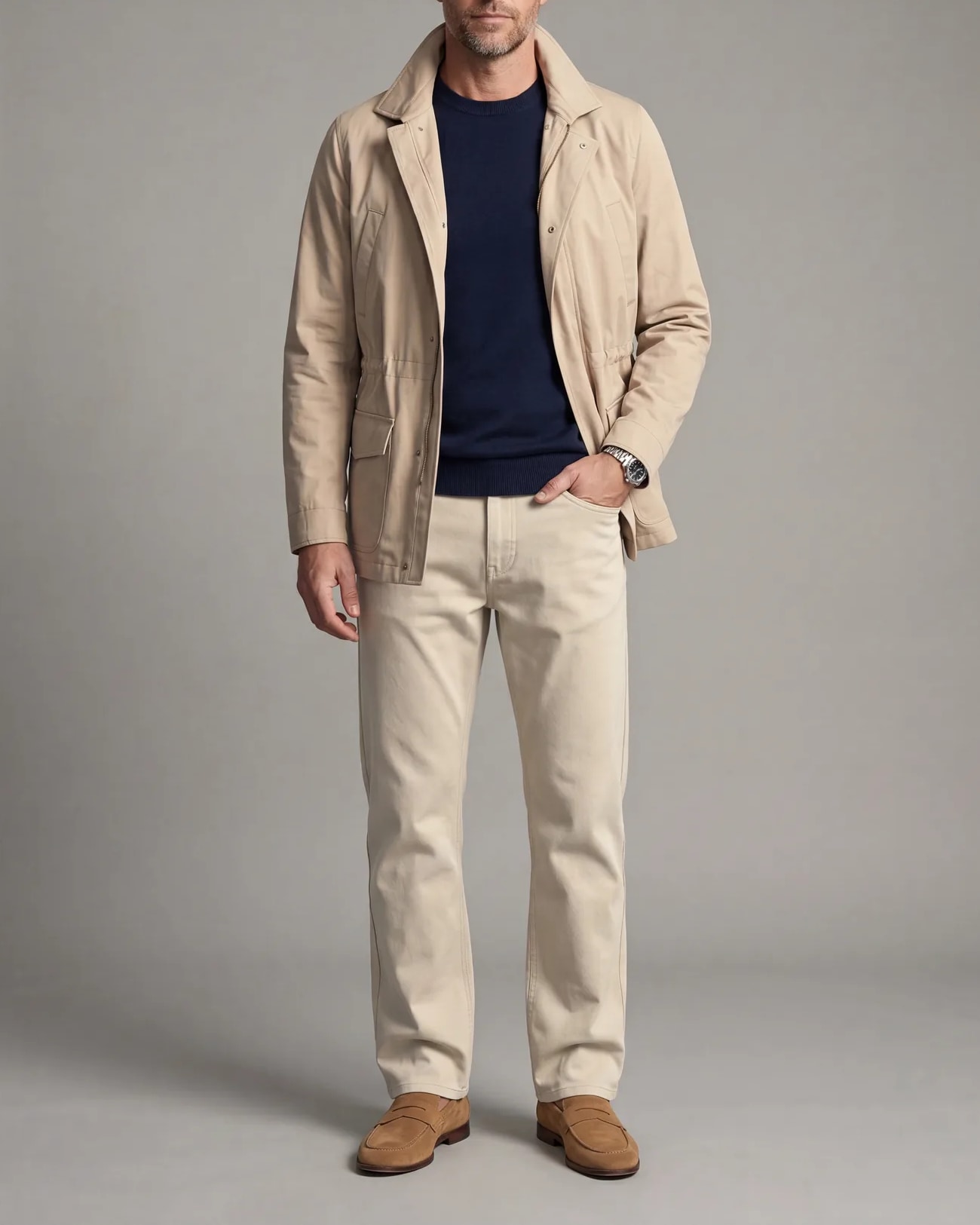 Sandbeige Field Jacket with Zip, on model