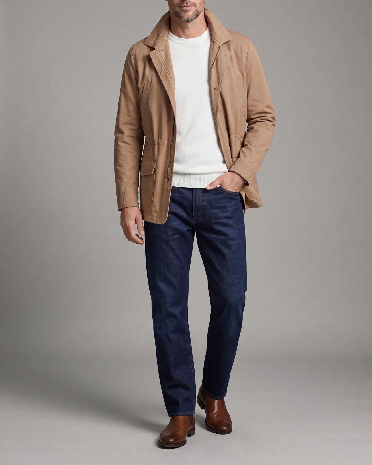 Camel Field Jacket with Zip, on model