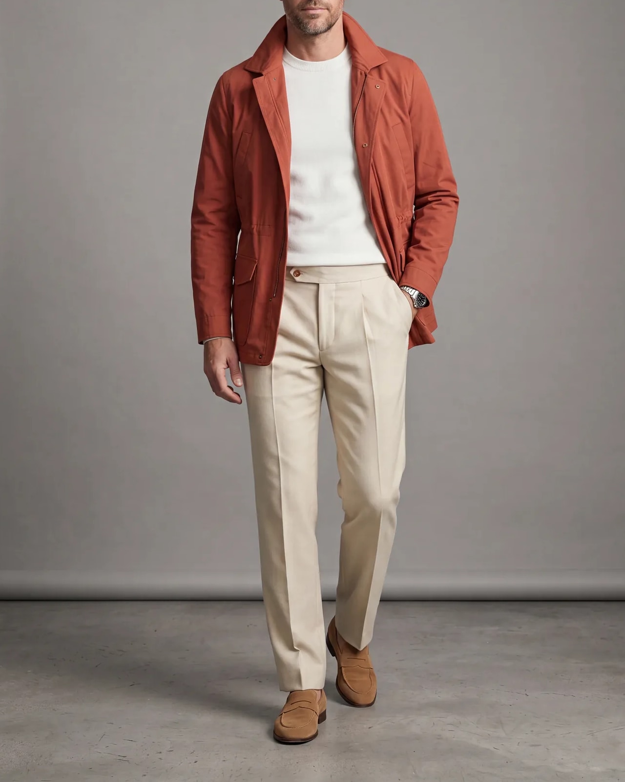 Rust Brown Field Jacket with Zip, on model