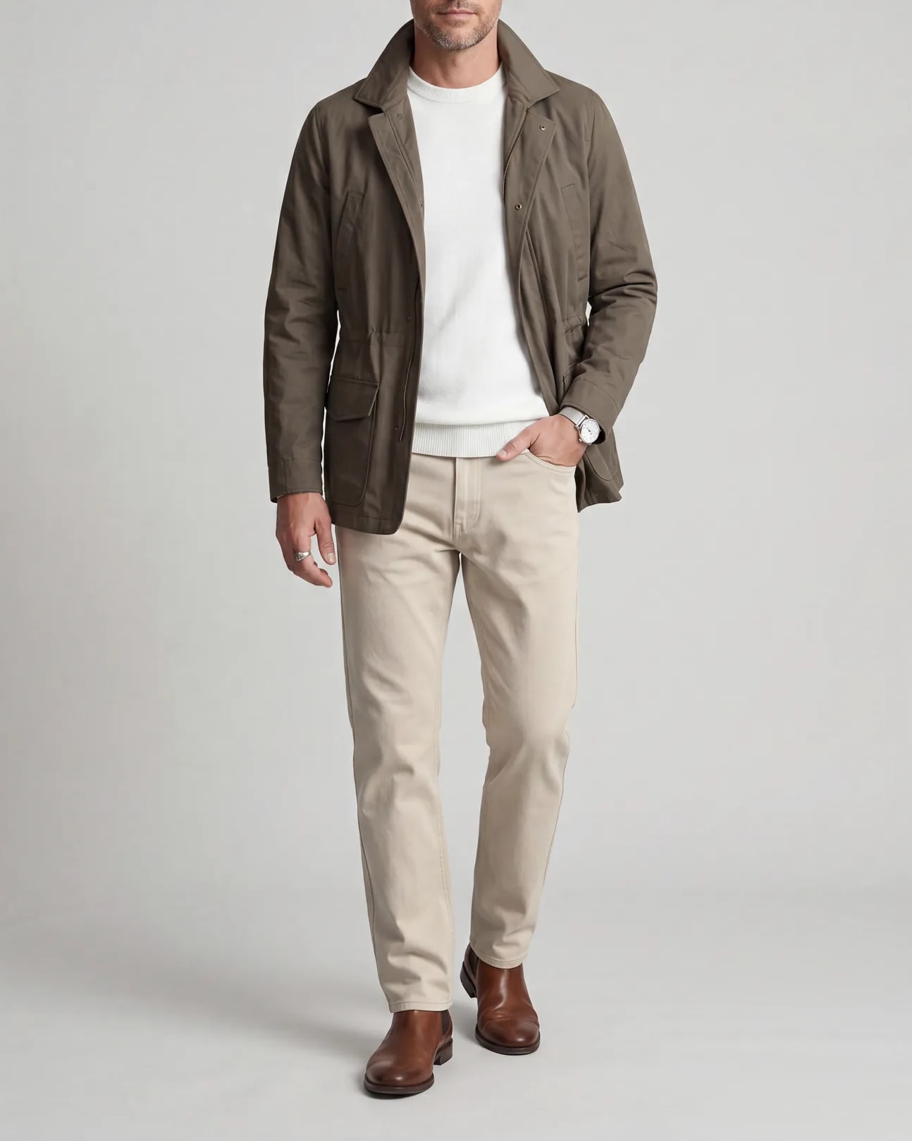 Khaki Green Field Jacket with Zip, on model