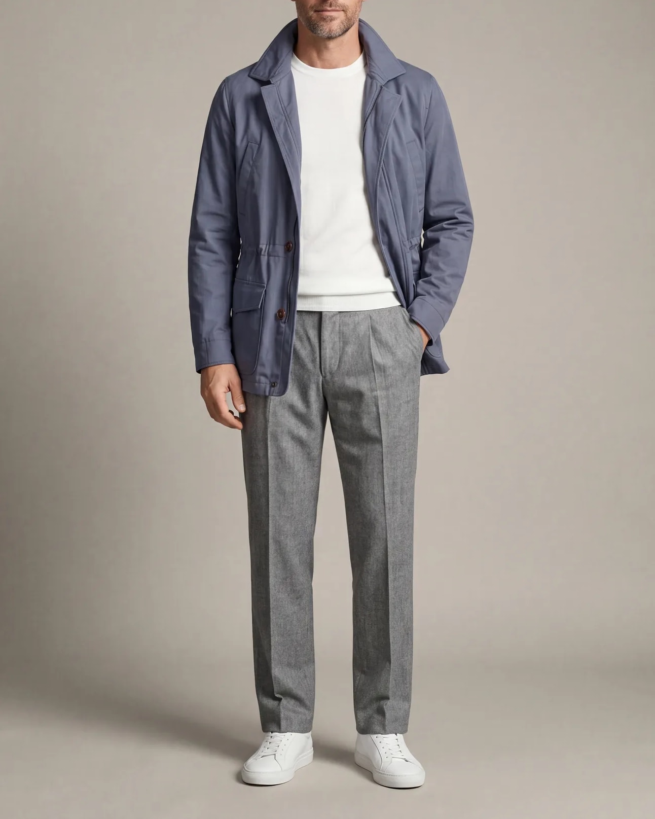 Blue-Grey Field Jacket with Zip, on model
