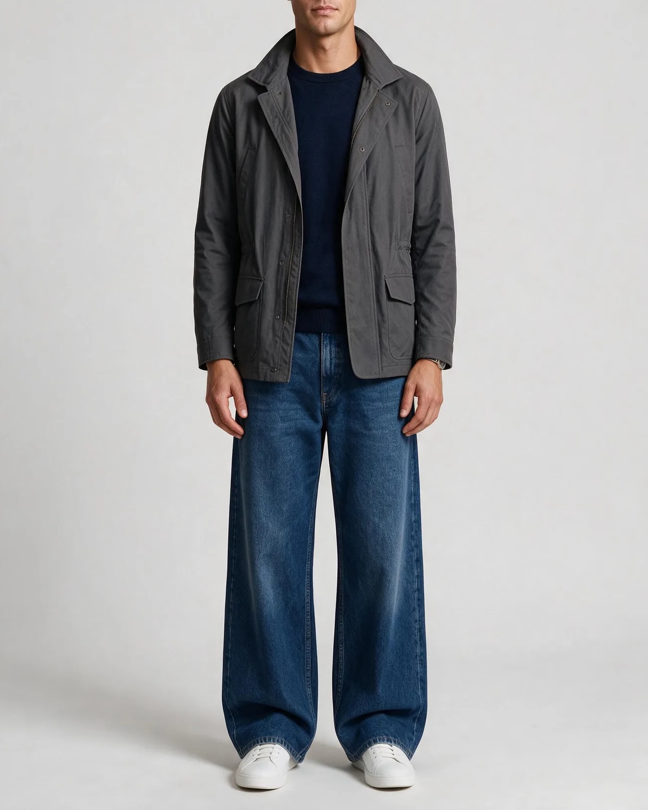 Dark Grey-Brown Field Jacket with Zip, on model