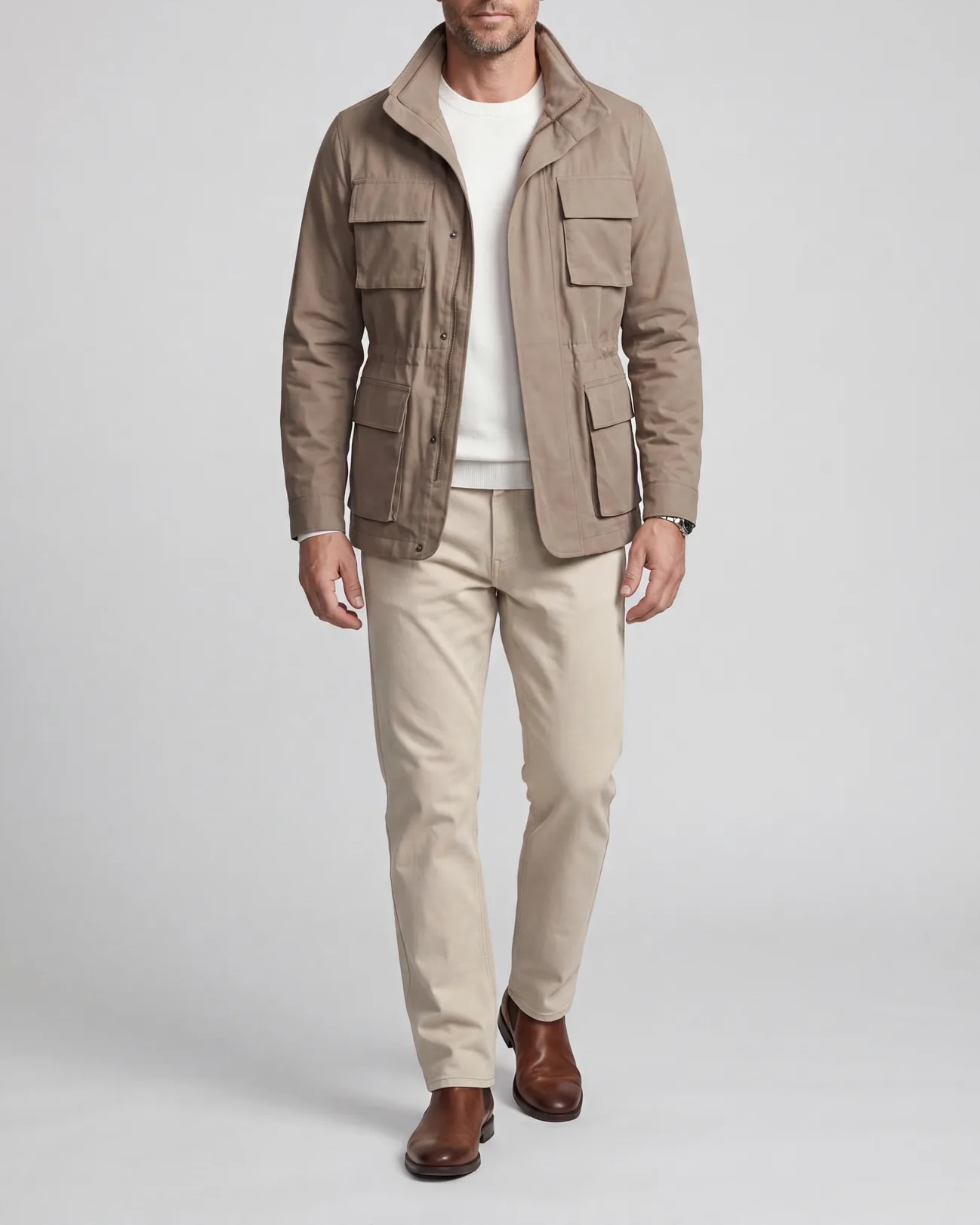 Stone-coloured Field Jacket with Stand Collar, on model