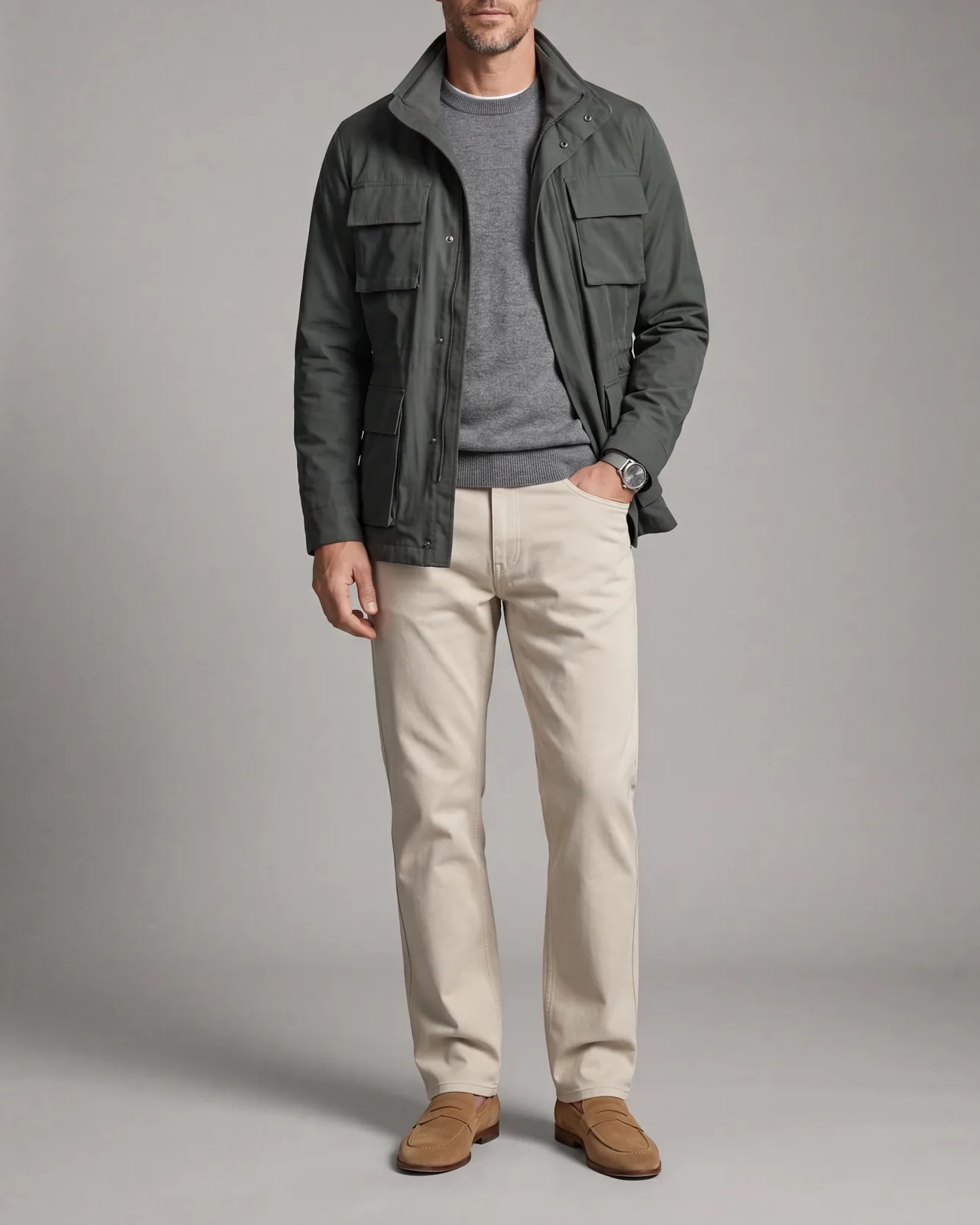 Forest Green Field Jacket with Stand Collar, on model
