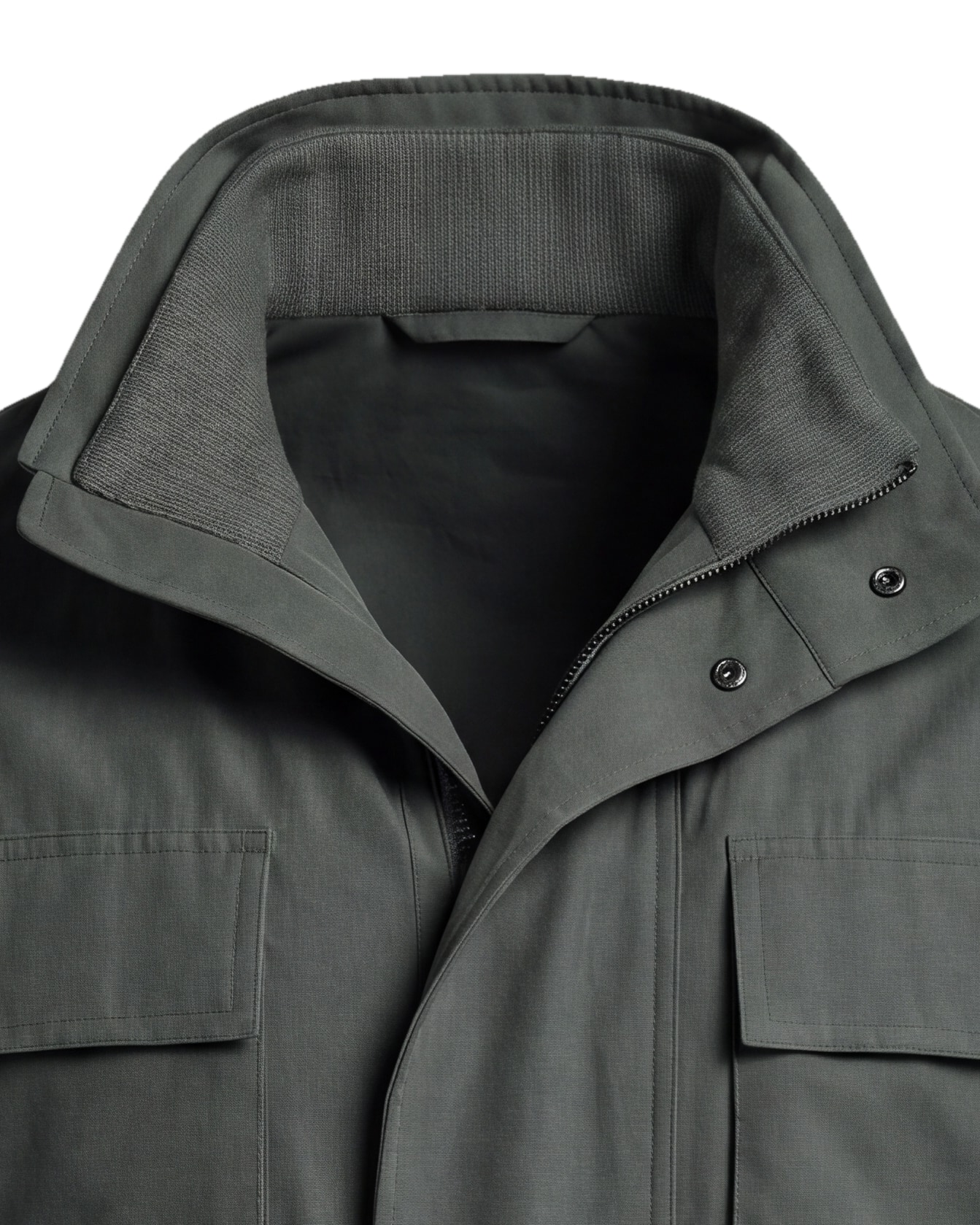 Forest Green Field Jacket with Stand Collar, collar detail