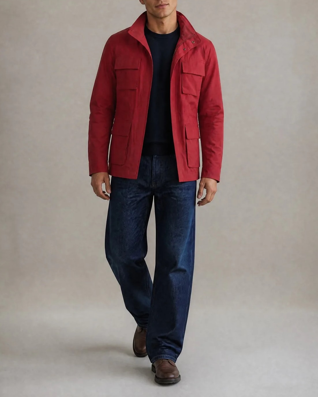 Rust-Brown Field Jacket with Stand Collar, on model