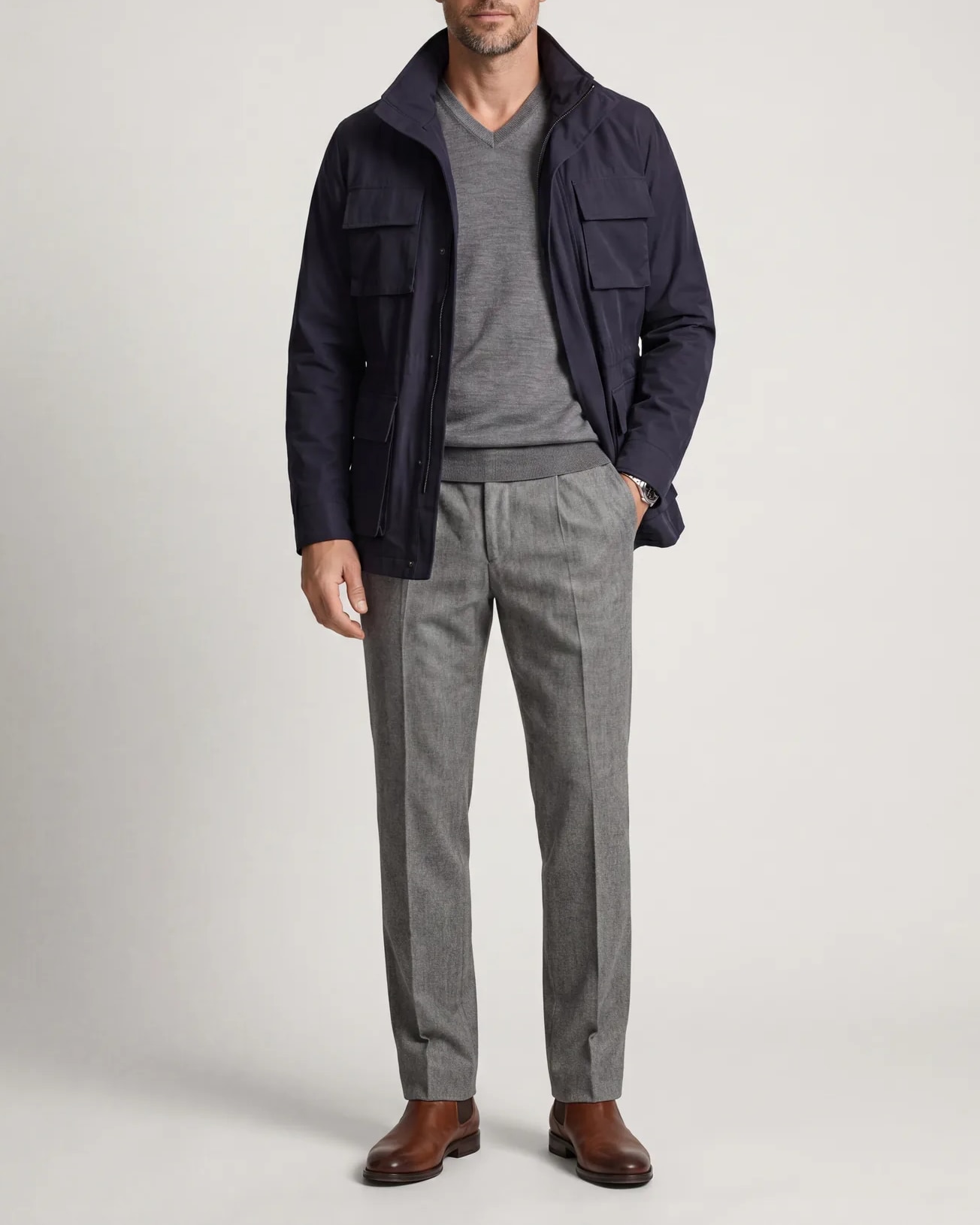 Dark Navy Field Jacket with Stand Collar, on model