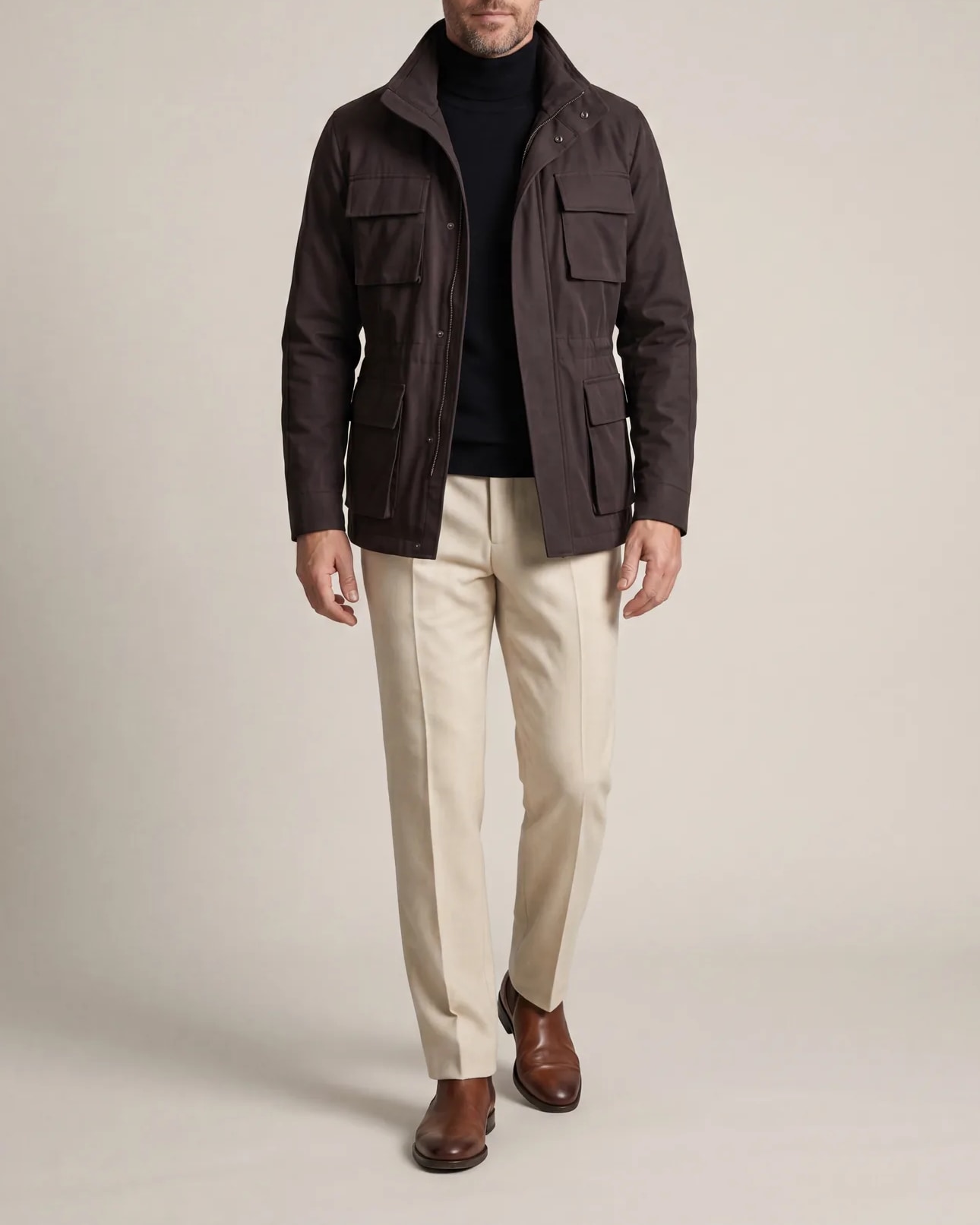 Black-Brown Field Jacket with Stand Collar, on model