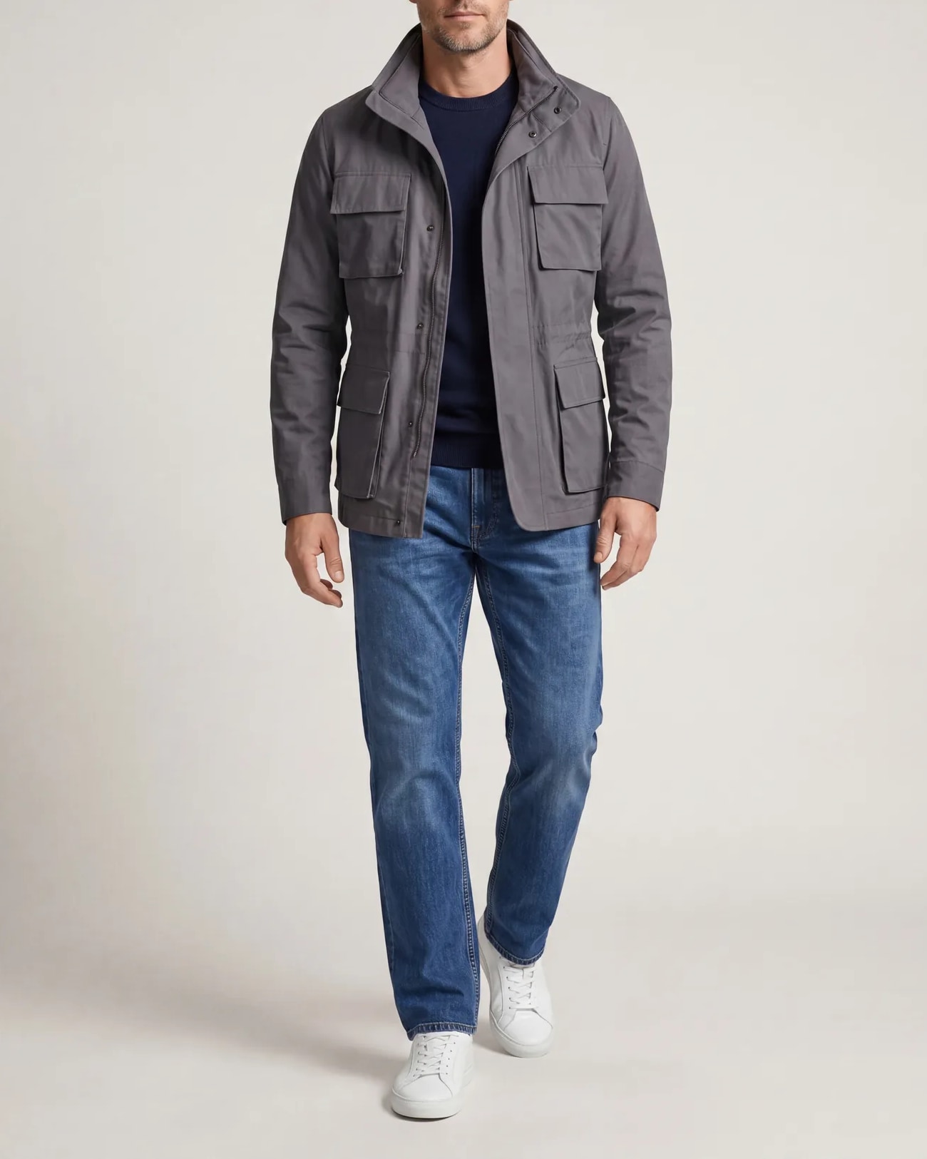 Steel Grey Field Jacket with Stand Collar, on model