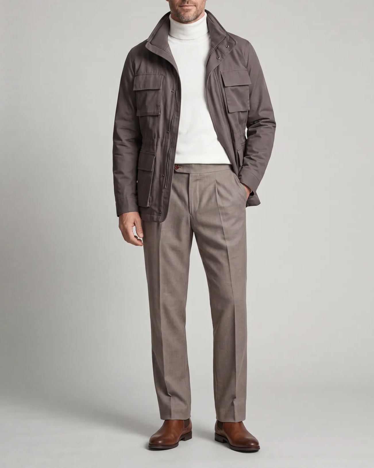Dark Taupe Field Jacket with Stand Collar, on model