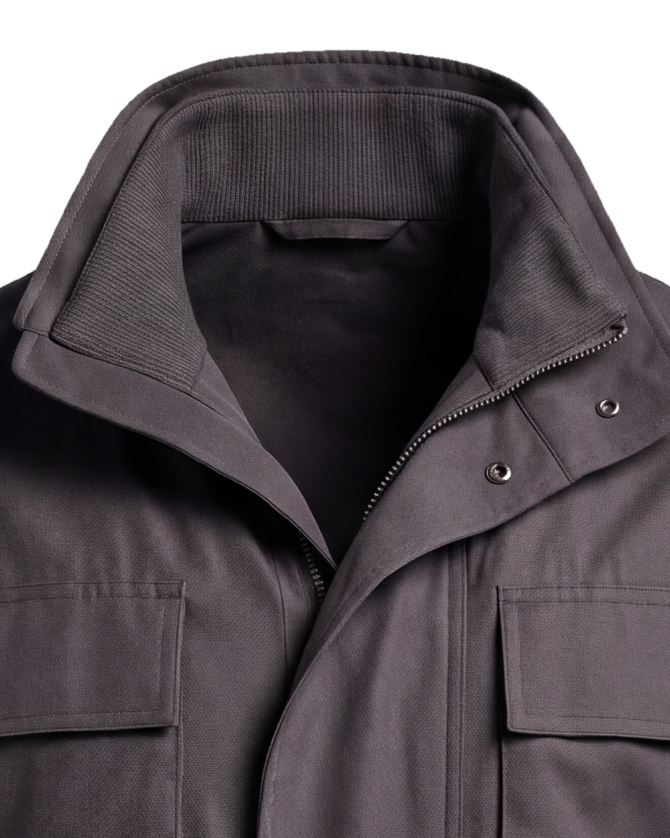 Dark Taupe Field Jacket with Stand Collar, collar detail