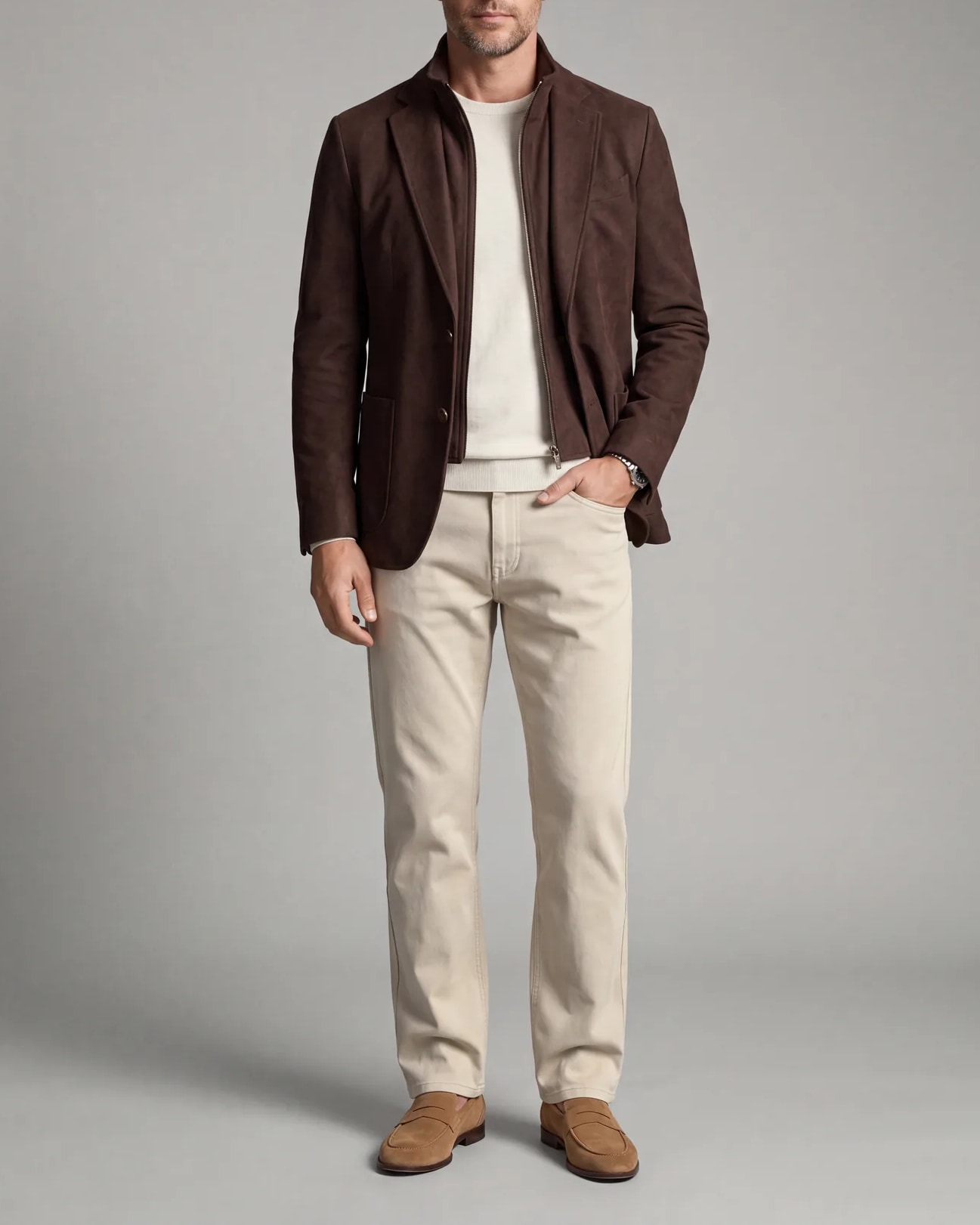 Dark Brown Hybrid Jacket, on model