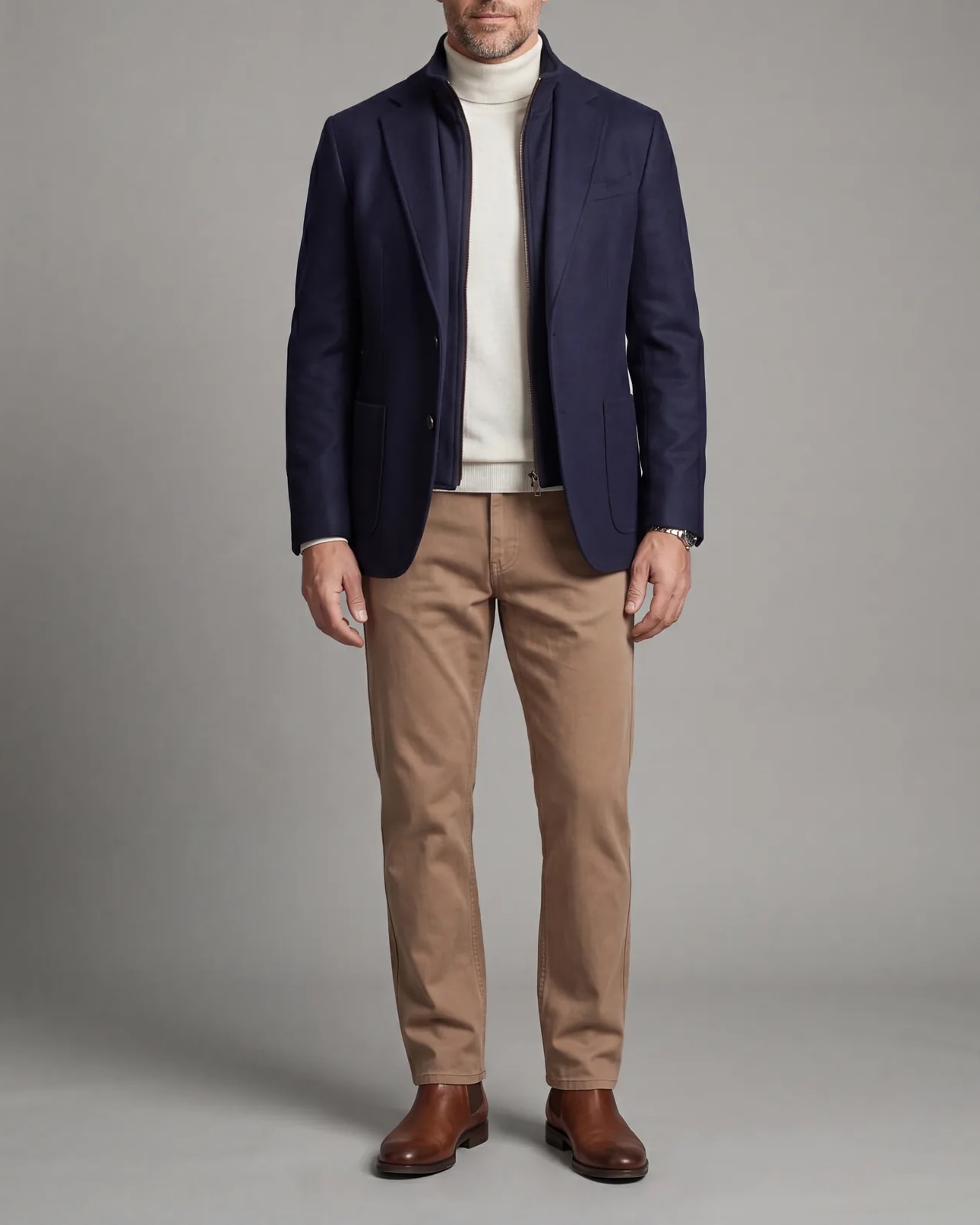 Navy Hybrid Jacket, on model