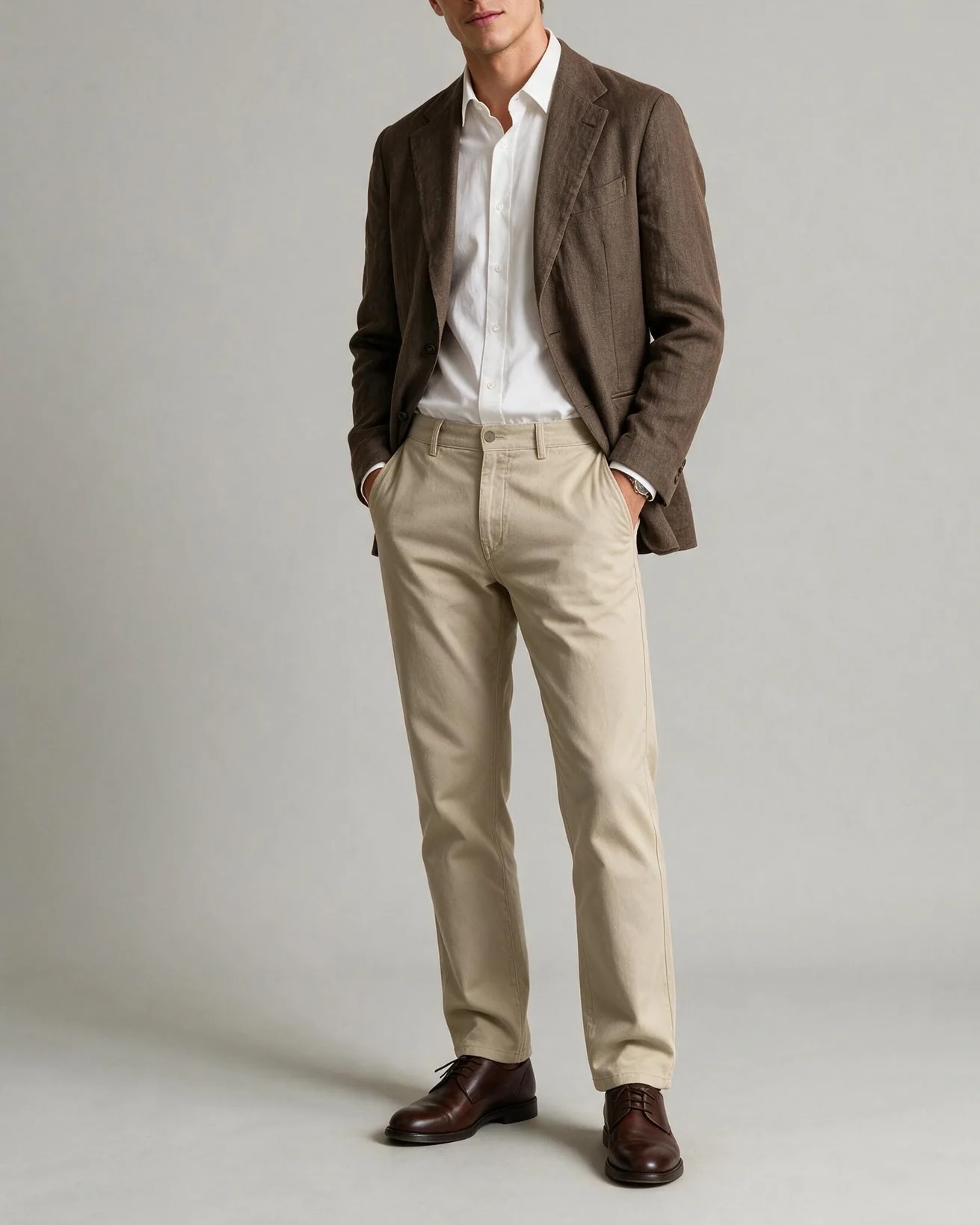 Grey-Brown Linen Jacket from TBM / TFM, on model