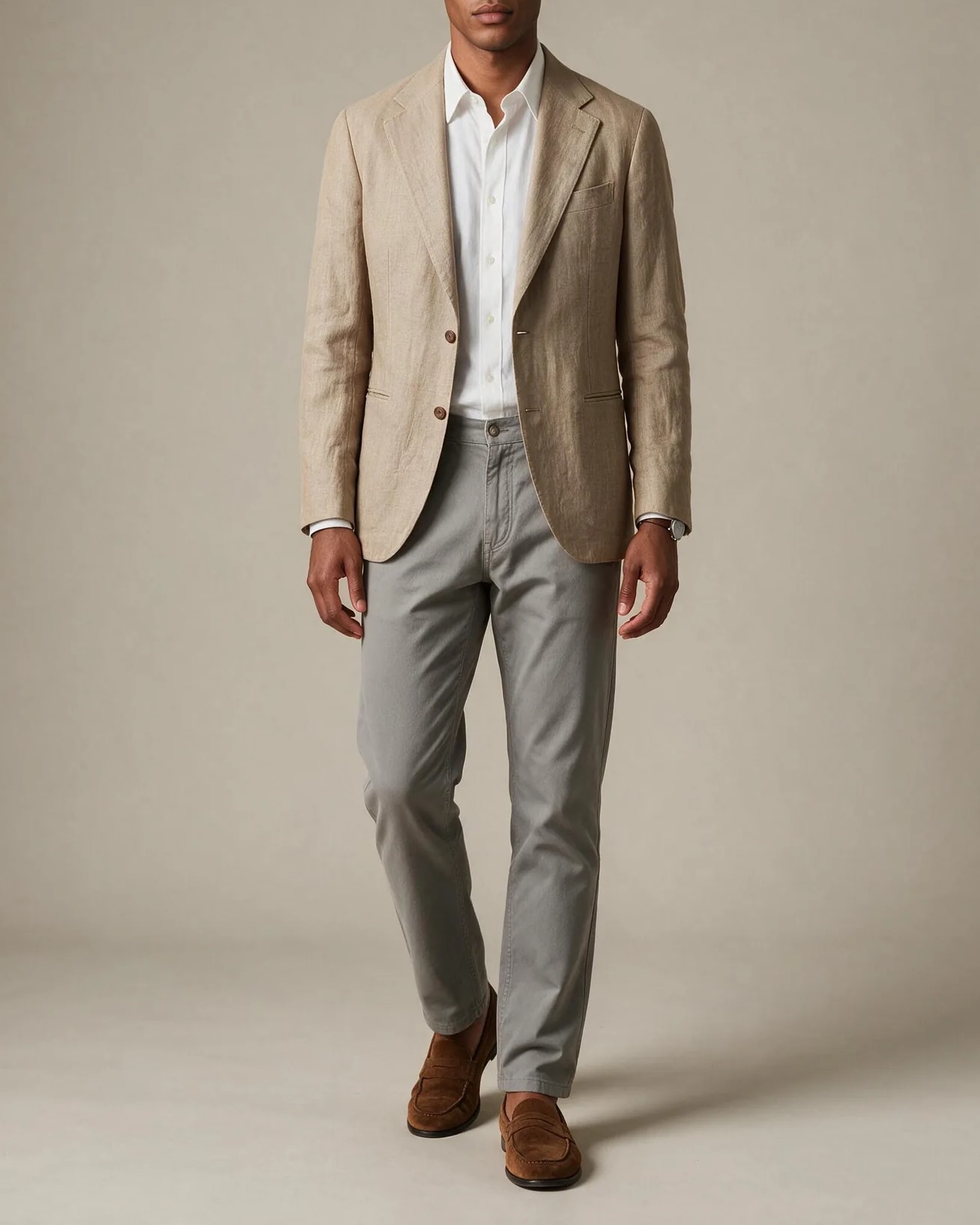 Taupebrun blazer i hør, Taupebrun hørjakke, på model