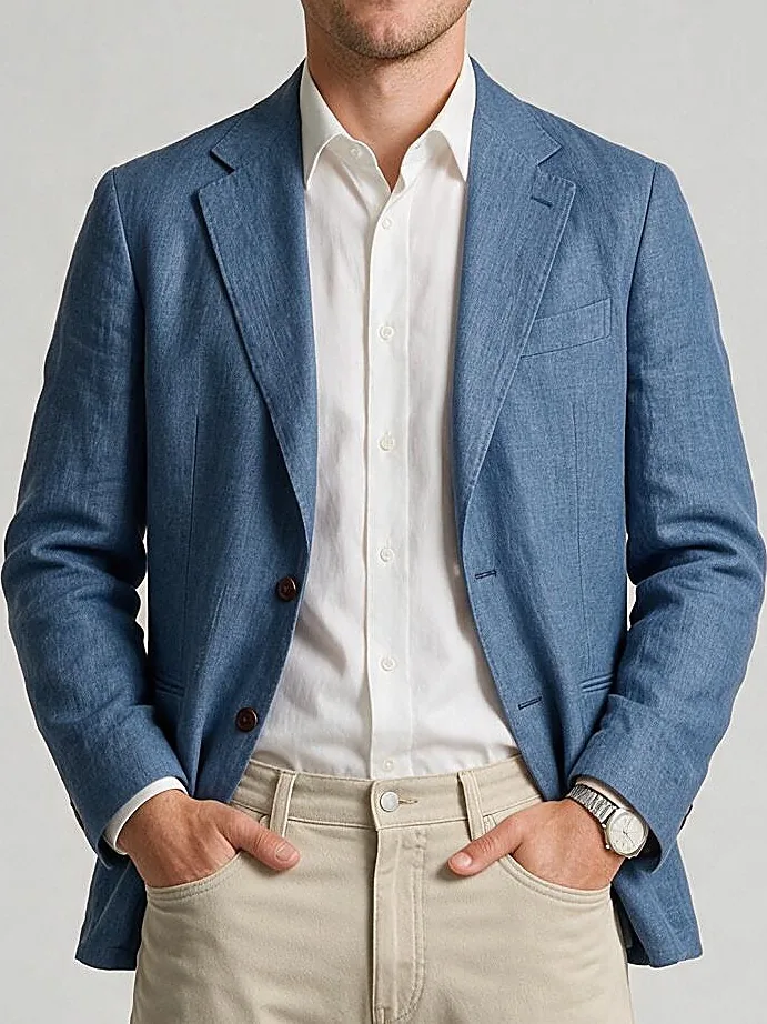 Mid Blue Linen Jacket, collar detail