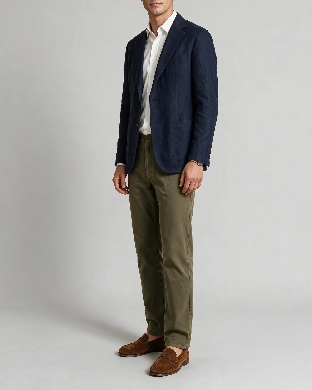 Dark Navy Linen Jacket, on model