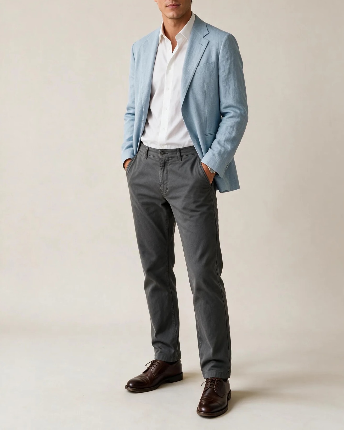 Dove Blue Linen Jacket, on model