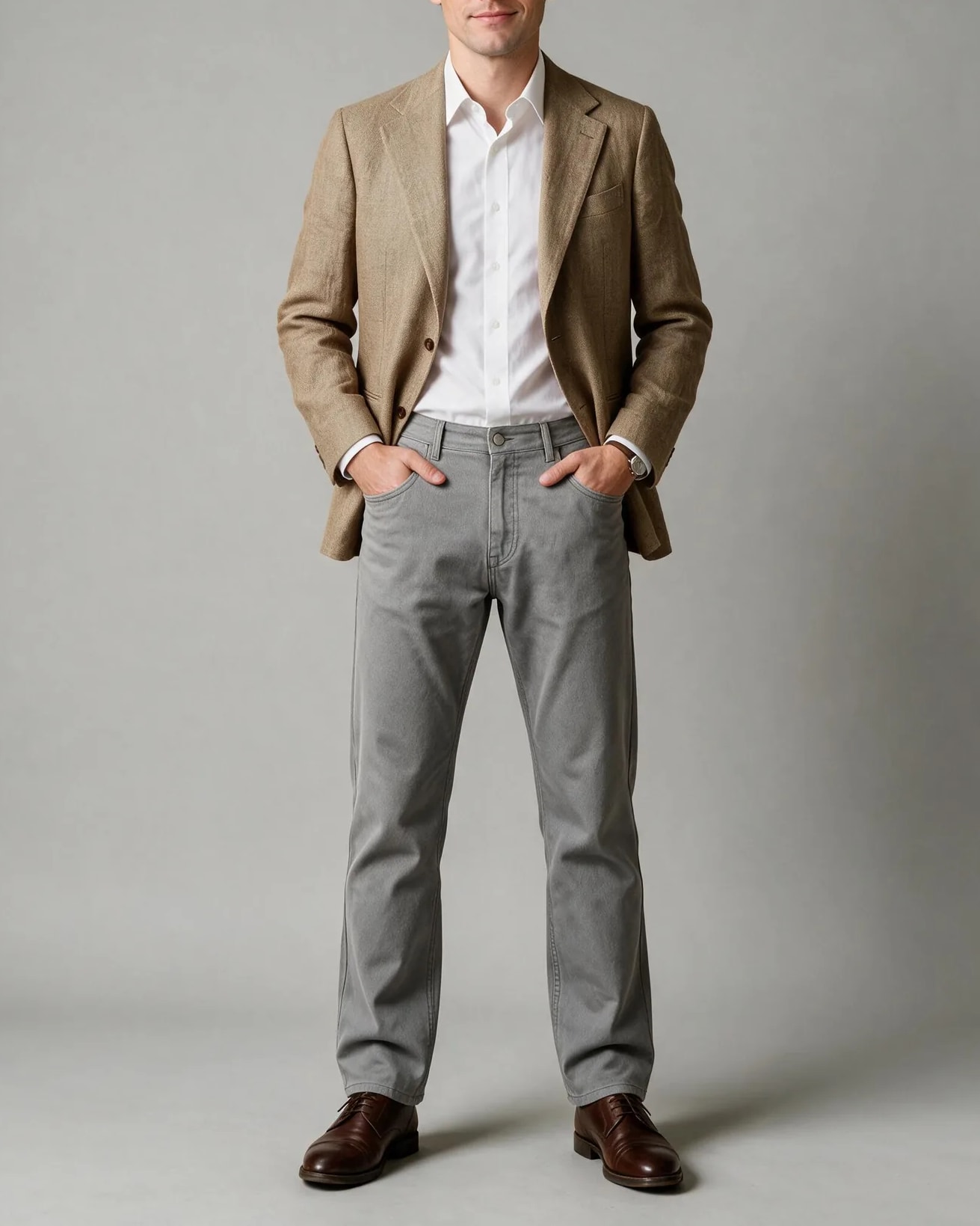 Sand Linen Jacket from Brisbane Moss, on model