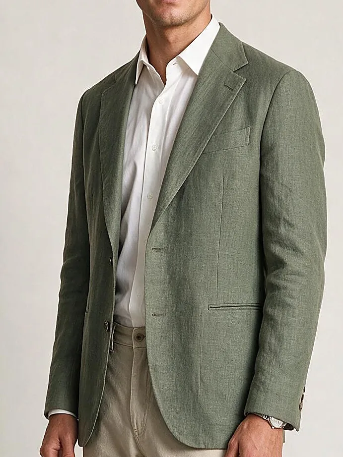 Light Olive Linen Jacket from Brisbane Moss, collar detail