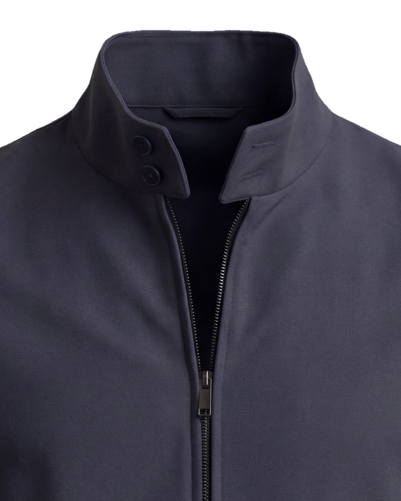 Marineblå vandafvisende Harrington-jakke, detalje af kraven