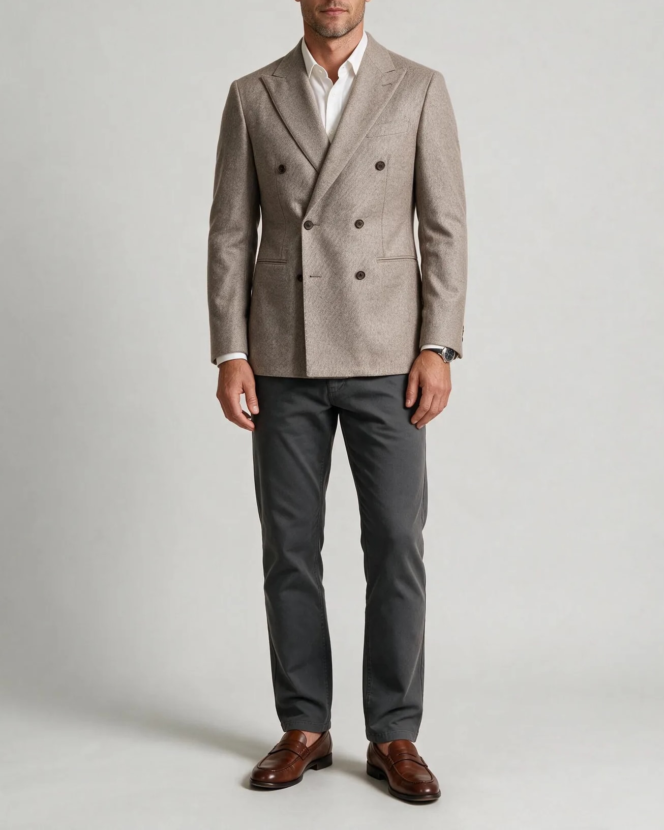 Taupe Double-Breasted Jacket from Drago, on model