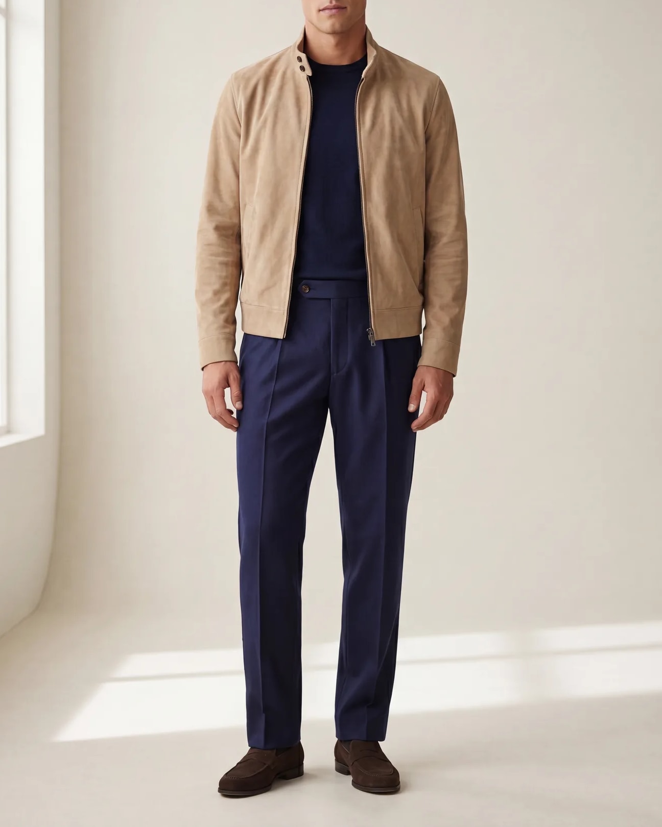 Sand Vegan Suede Harrington Jacket, on model