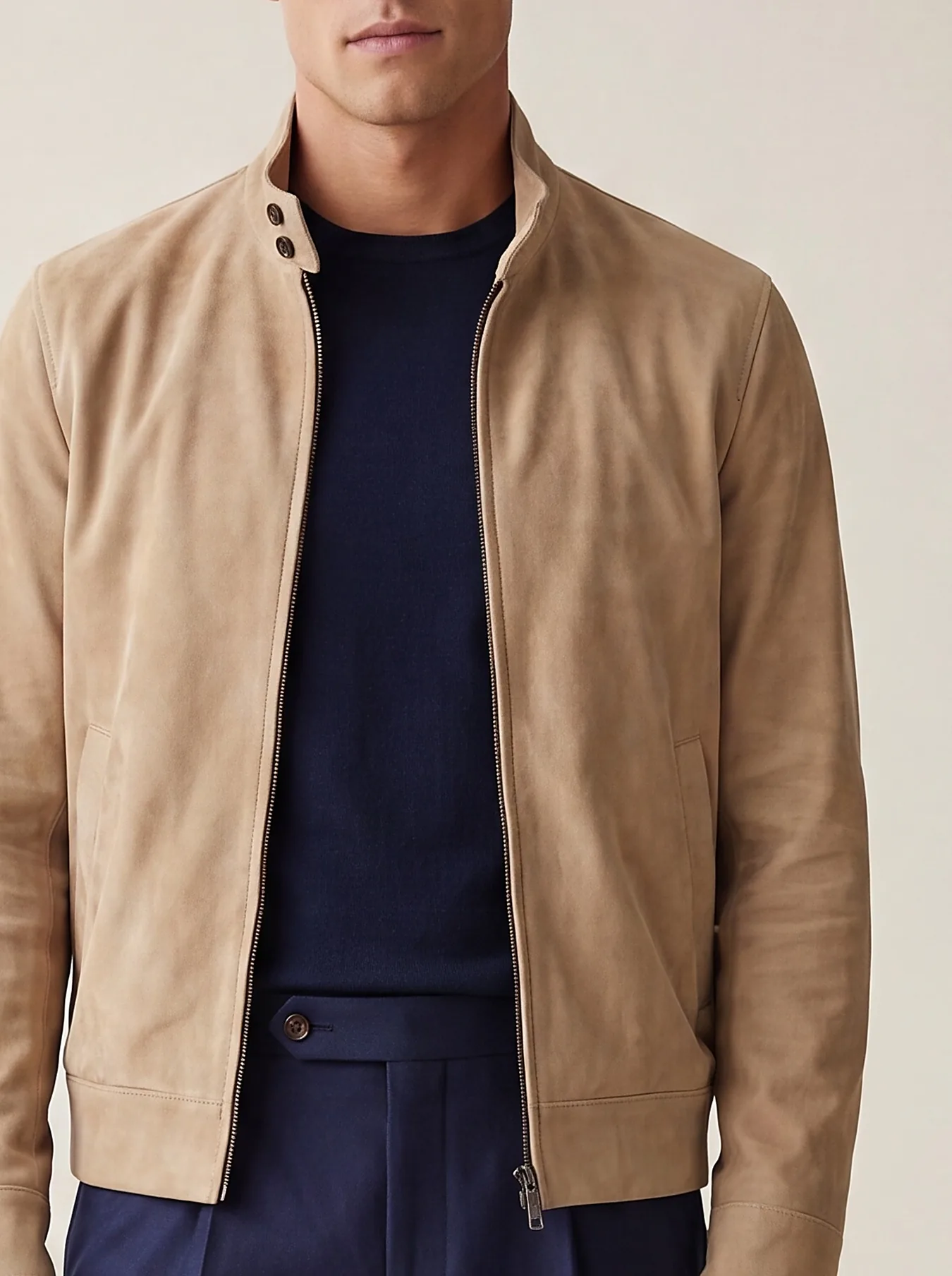 Sand Vegan Suede Harrington Jacket, collar detail