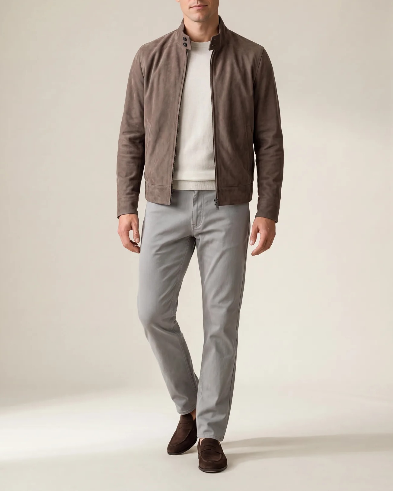 Dark Taupe Suede Harrington Jacket, on model
