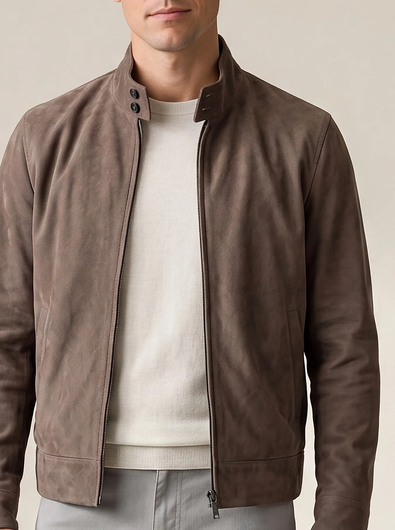 Dark Taupe Suede Harrington Jacket, collar detail
