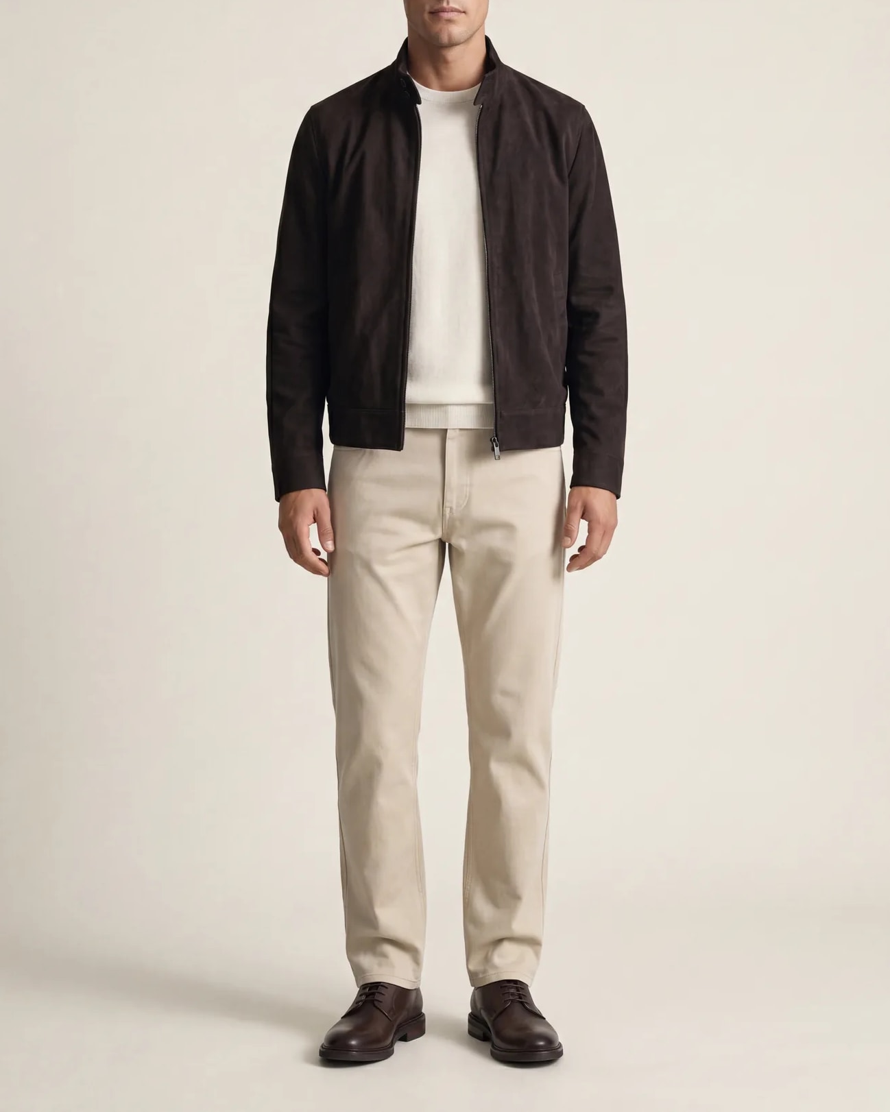 Dark Brown Vegan Suede Harrington Jacket, on model