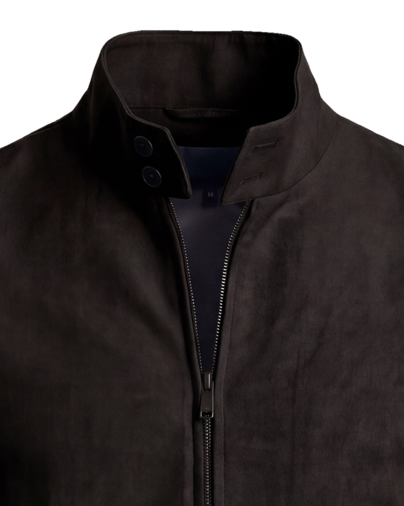 Dark Brown Vegan Suede Harrington Jacket, collar detail