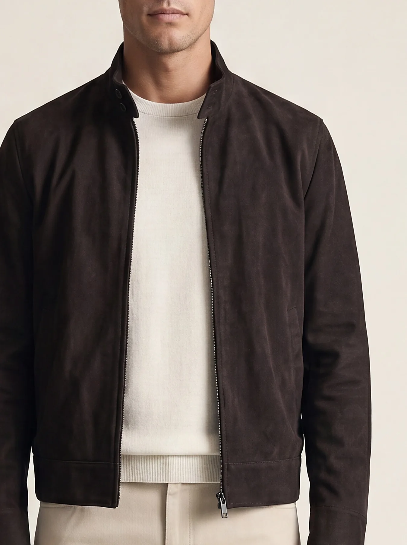 Dark Brown Vegan Suede Harrington Jacket, collar detail