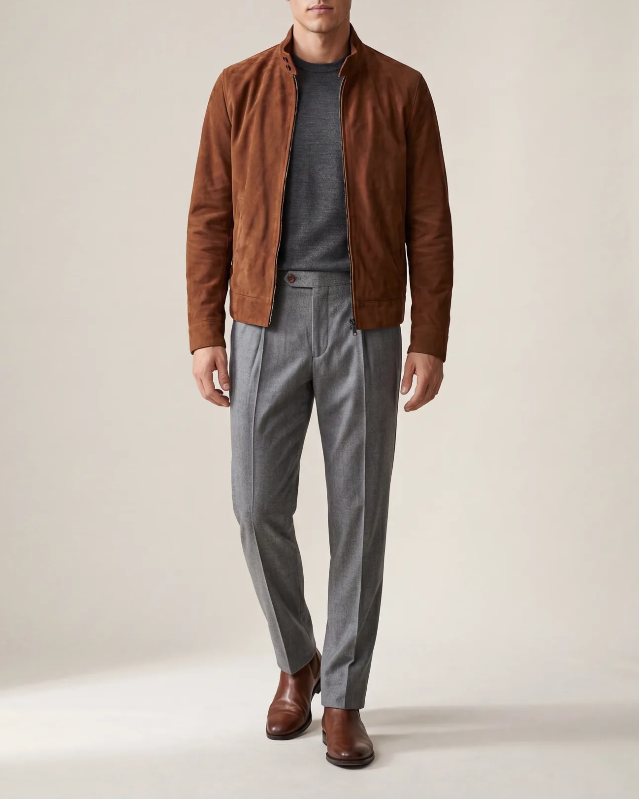 Cognac Brown Suede Harrington Jacket, on model