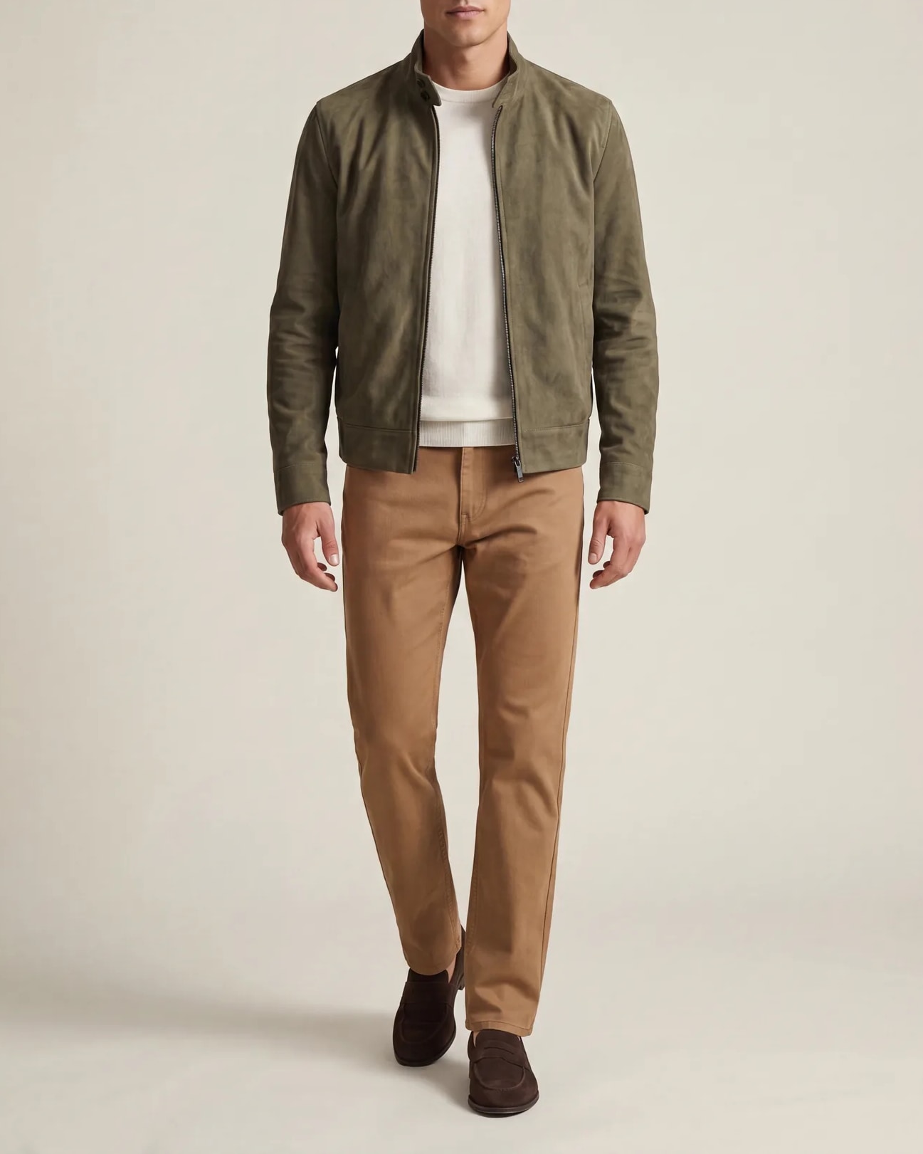 Olive Green Suede Harrington Jacket, on model