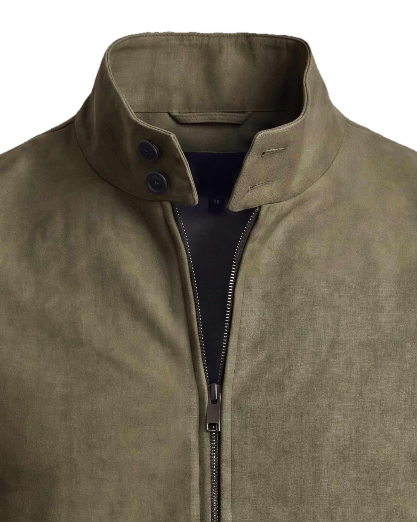 Olive Green Suede Harrington Jacket, collar detail