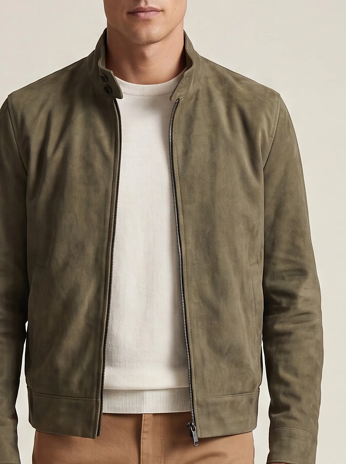 Olive Green Suede Harrington Jacket, collar detail