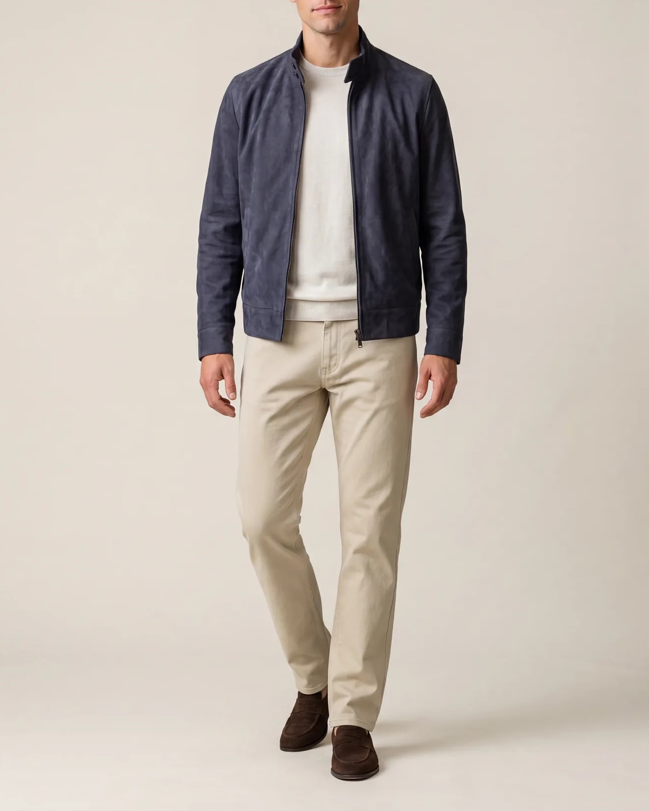 Navy Suede Harrington Jacket, on model