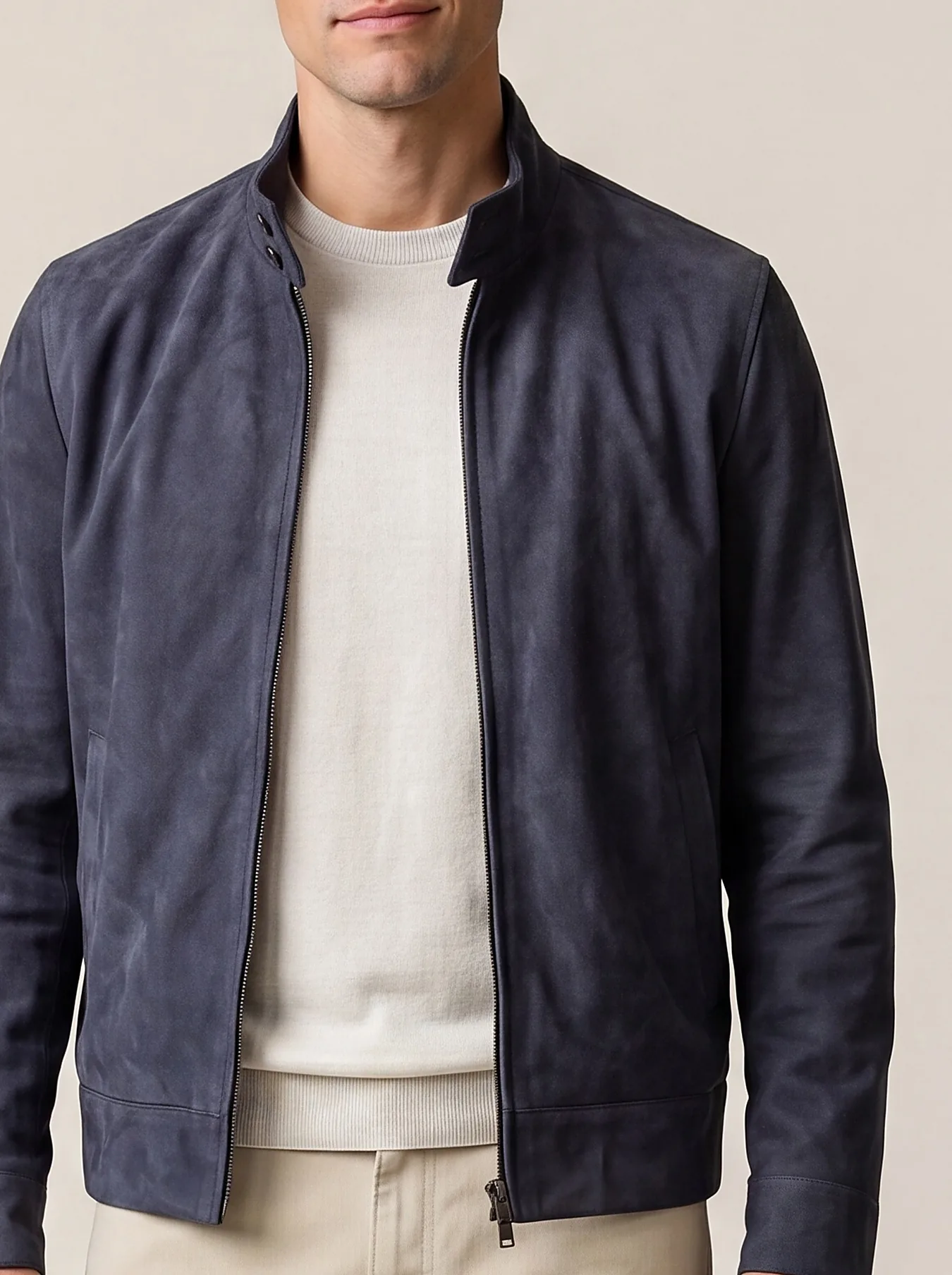 Navy Suede Harrington Jacket, collar detail
